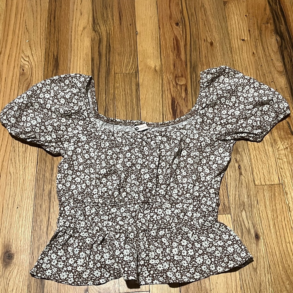 SO Brown Floral Peplum Top Size S Puff Sleeve Cottagecore Rayon - Picture 2 of 7